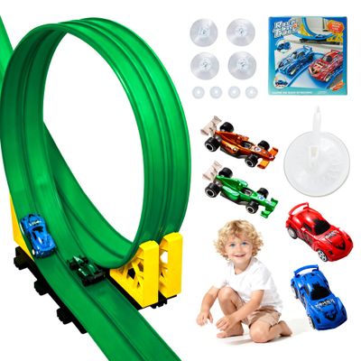 MINDNOOK 16 Ft Flexible Race Car Track Set for Kids, Portable Roll-Up Racetrack with 4 Cars & Suction Cups, Compatible with 1:64 Diecast Toy Cars, Gift for Boys & Girls Ages 4-12
