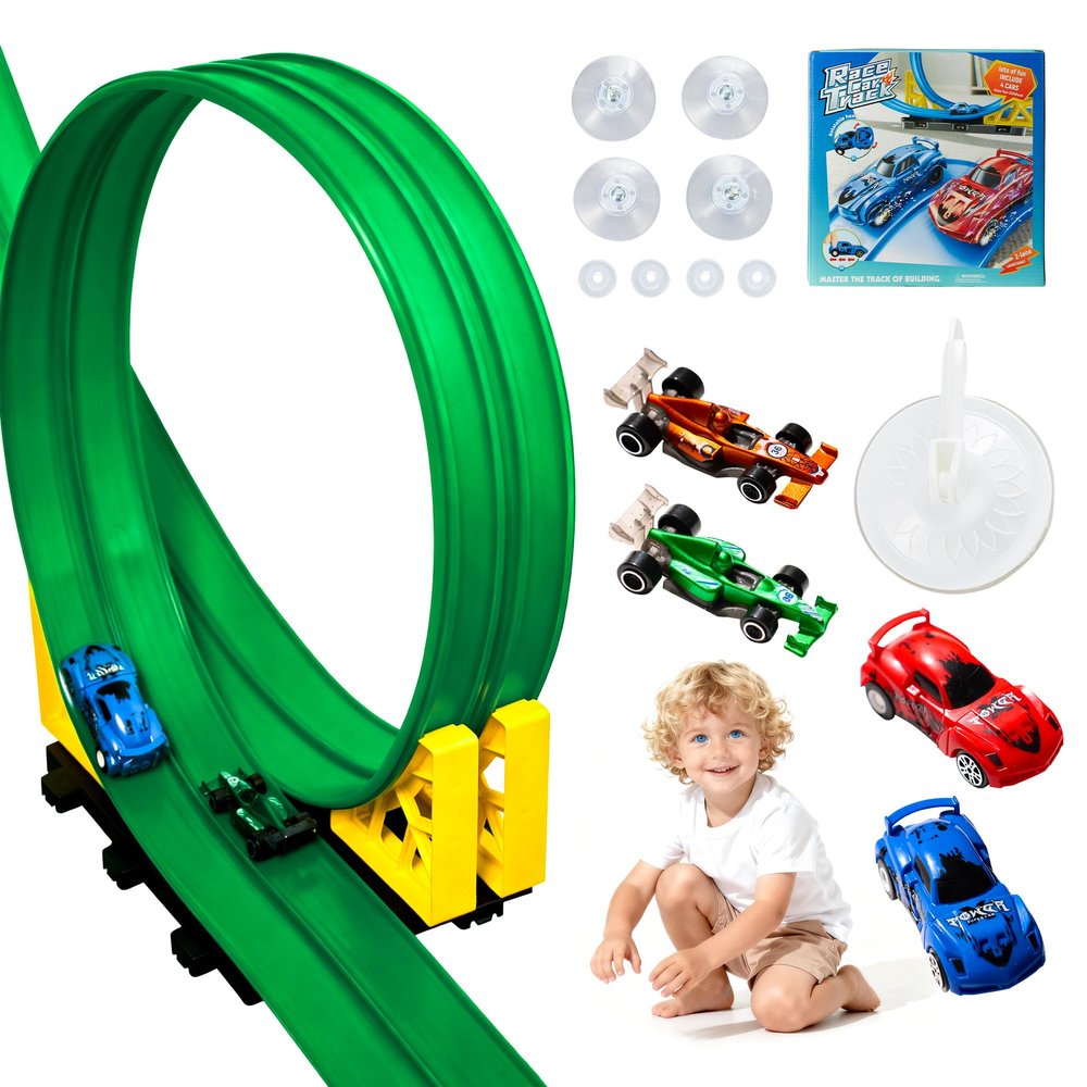 MINDNOOK 16 Ft Flexible Race Car Track Set for Kids, Portable Roll-Up Racetrack with 4 Cars & Suction Cups, Compatible with 1:64 Diecast Toy Cars, Gift for Boys & Girls Ages 4-12