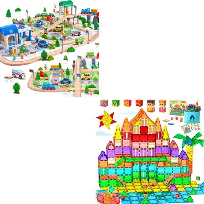 172Pcs Wooden Train Set for Toddlers & Magnetic Tiles Building Toys Set for Kids Ages 3-5 4-8 (Classic)