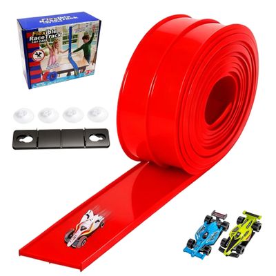 Flexible Race Track for Kids 15ft Portable Roll up Flex Track Race Cars with Suction Cups & Dual Orbits DIY Play Fun for Boys Girls Indoor Outdoor, Red