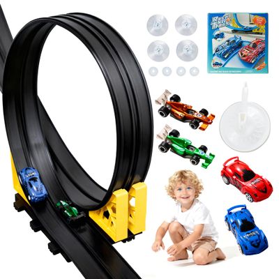 MINDNOOK 16 Ft Flexible Race Car Track Set for Kids, Portable Roll-Up Racetrack with 4 Cars & Suction Cups, Compatible with 1:64 Diecast Toy Cars, Gift for Boys & Girls Ages 4-12