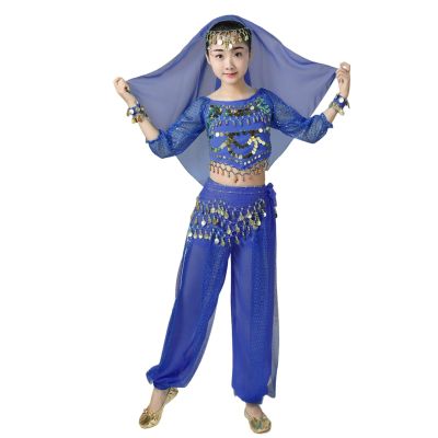 5 PCS Girls Sequin Bodysuit Sets Cute Sparkle Glitter Tops Perform Dance Costumes School Birthday Festival Party Long Sleeve Tops Waist Chain Headdress Bracelet Sets