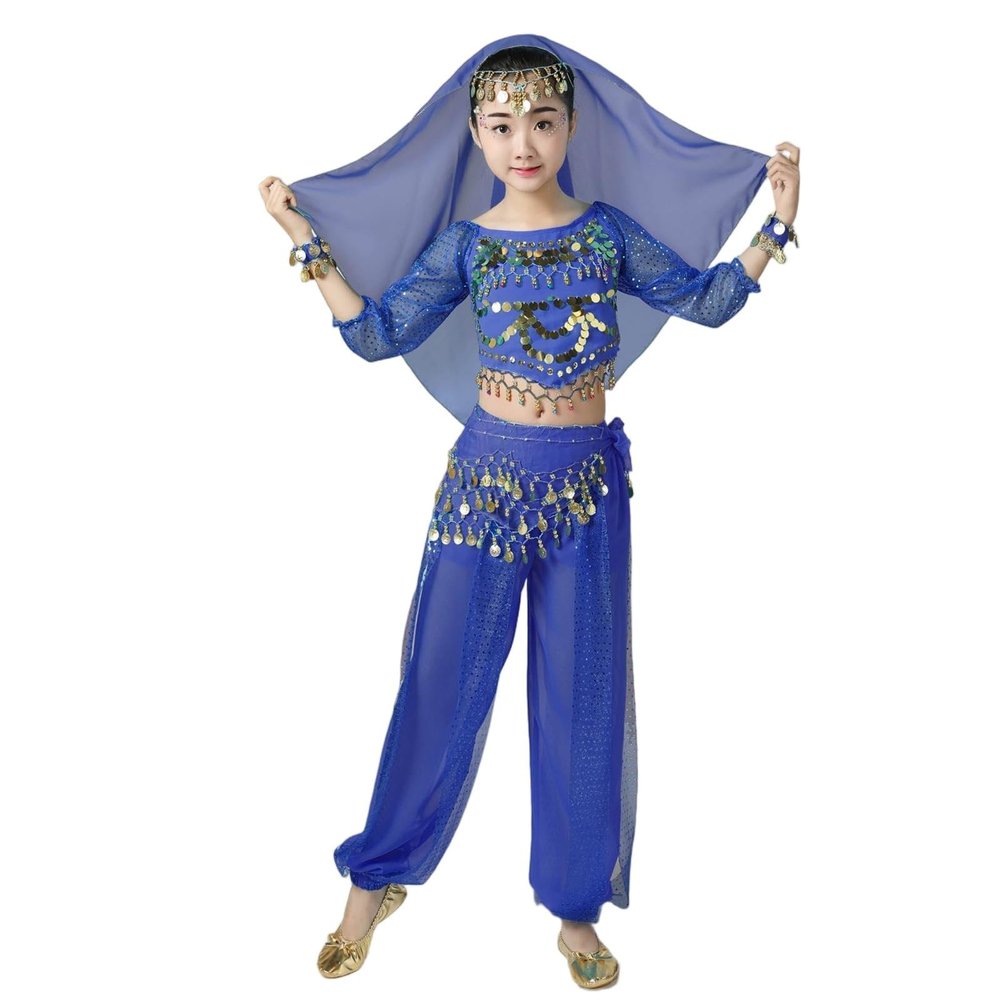 5 PCS Girls Sequin Bodysuit Sets Cute Sparkle Glitter Tops Perform Dance Costumes School Birthday Festival Party Long Sleeve Tops Waist Chain Headdress Bracelet Sets