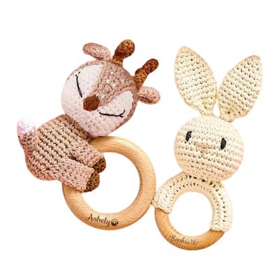 Personalized Crochet Baby Rattle,Custom Wooden Rattle with Engraved Name,Handmade Croche Animal Ring Toy for Babies
