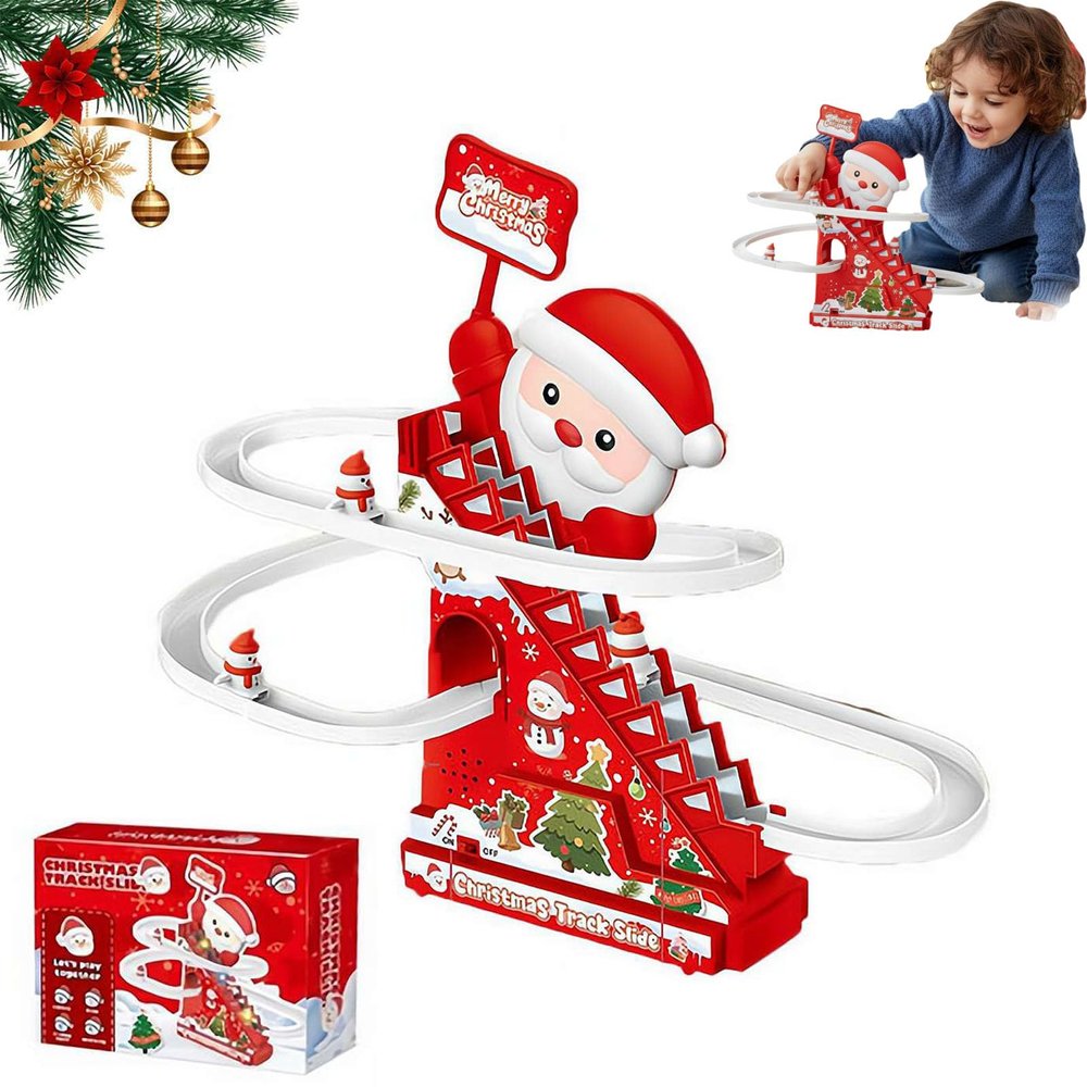 Christmas Tree Ski Slope,Musical Gingerbread Ski Slope with LED Light & Music, Christmas Santa Climbing Stairs Slide Toys, Automatic Stairs Motion Playset,with 3 Characters,Xmas Gifts for 3+(Red)
