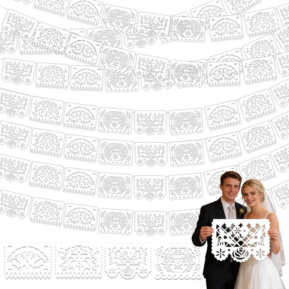 12 Pack White Mexican Banners for Weddings, 216 FT Papel Picado Hanging Banner Decorations for Papel Picado Dia De Los Muertos, Cinco De Mayo, Mexicano Para Fiesta, Day of The Dead Decorations