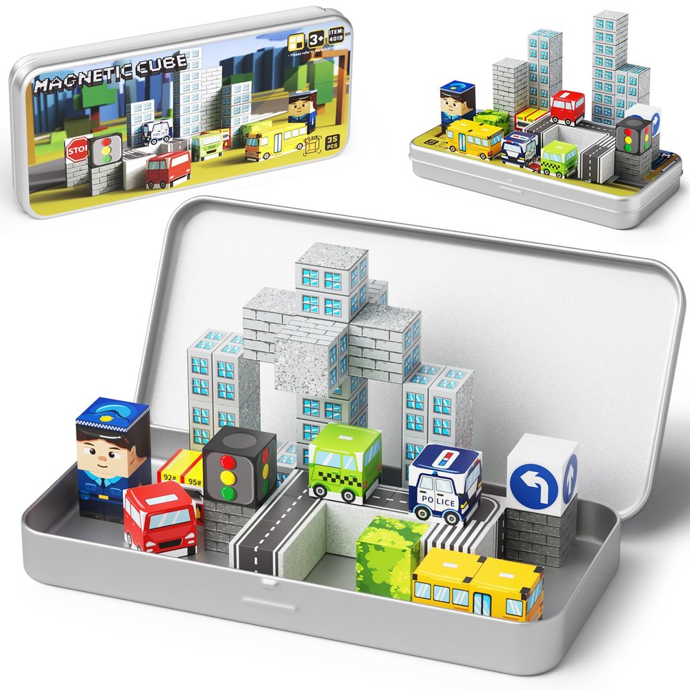 Gamcrown City Traffic Magnetic Blocks Set, 35PCS STEM Toys for Kids Ages 3-8, Travel Building Toys with Carrying Case, Child-Safe with Fully Encased Magnets, Christmas Birthday Gift for Toddlers