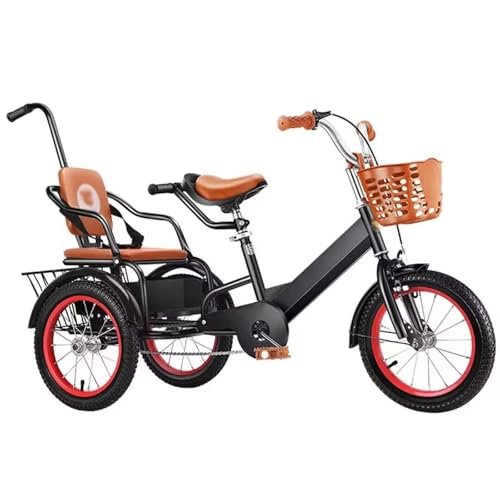 Kids Pedal Tricycle with Passenger Seat, 3-Wheel Outdoor Cruiser Bike, Front & Rear Baskets, Toddler Rickshaw Bike with Push Rod, Safe Single Brake Design