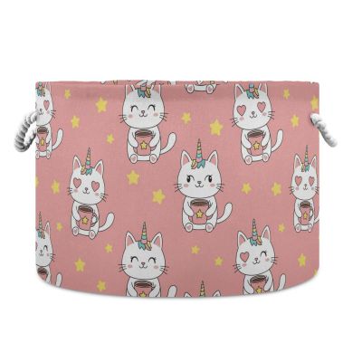 DOMIKING Large Storage Basket for Toys Cats Unicorn Pink Pattern Storage Bin Box Kids Laundry Hamper for Playroom Nursery Clothes Home Decor