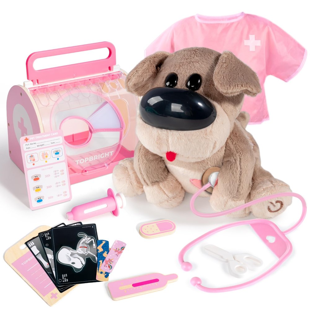 Interactive Vet Play Set, Toy Veterinarian Kit for Kids,Pretend Pet Doctor Set with Electronic Dog and Dress Up Costume Playset for Toddler Girls 3-5 Gifts