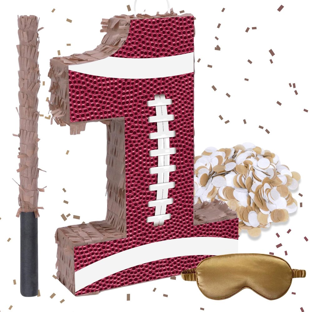 16Inch Football Number 1 Piata Includes Blindfold, Wooden Stick and Confetti for Game Day Tailgate Party Decorations - 15.8"x 11x 2.76