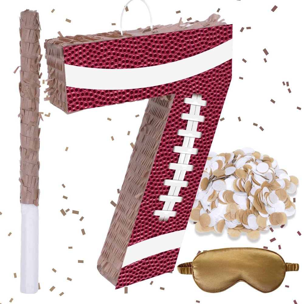 16Inch Football Number 7 Piata Includes Blindfold, Wooden Stick and Confetti for Game Day Tailgate Party Decorations - 15.8x 11x 2.76