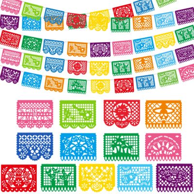 216FT Cinco De Mayo Decorations, 12 Pack Mexican Party Banner, 3 Styles Colorful Papel Picado Plastic Fiesta Hanging Banner String Flags Mexican Theme Party Dia De Los Muertos Day of the Dead Decor
