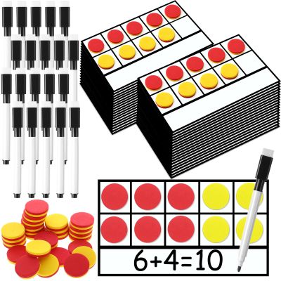 Ireer 48 Sets Magnetic Ten Frame Set, Math Counters Bulk for Classroom Early Math Manipulatives Kit for Home, Kindergarten and Elementary Teachers (Red and Yellow)