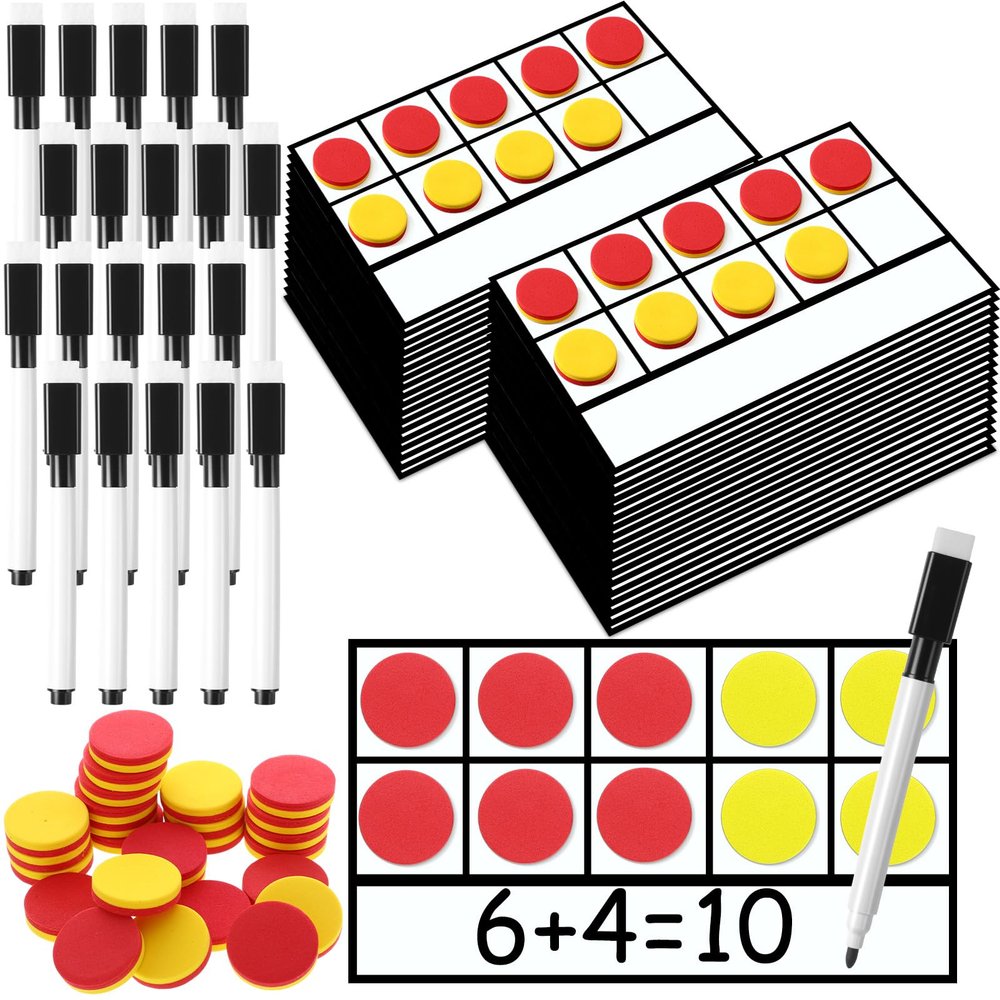 Ireer 48 Sets Magnetic Ten Frame Set, Math Counters Bulk for Classroom Early Math Manipulatives Kit for Home, Kindergarten and Elementary Teachers (Red and Yellow)