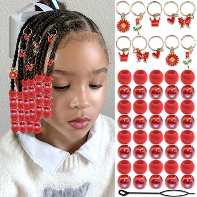 NAISKA 50PCS Red Hair Jewelry for Braids Cute Hair Beads Flower Heart Hair Charms for Girls 7 Styles Dreadlock Jewelry Loc Beads Valentine's Day Hair Accessories for Kids Girls