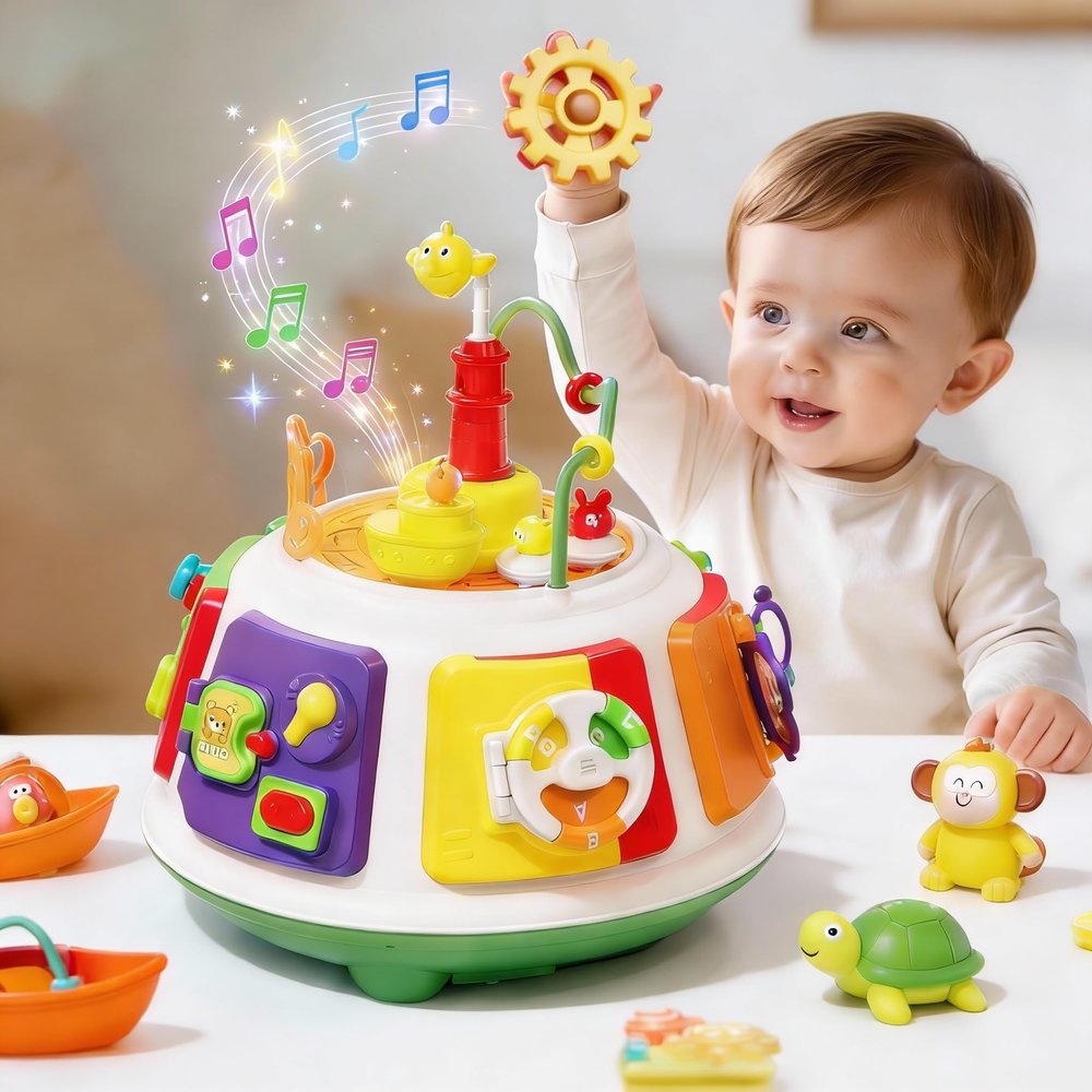 ROCKBIRDS 6-in-1 Montessori Activity Cube Toy, Busy Board for Toddlers 1-4, Educational Sensory Toys with Shape Sorter, Gears & Steering Wheel, Portable Travel Learning Toy, Gift for Baby Boys Girls