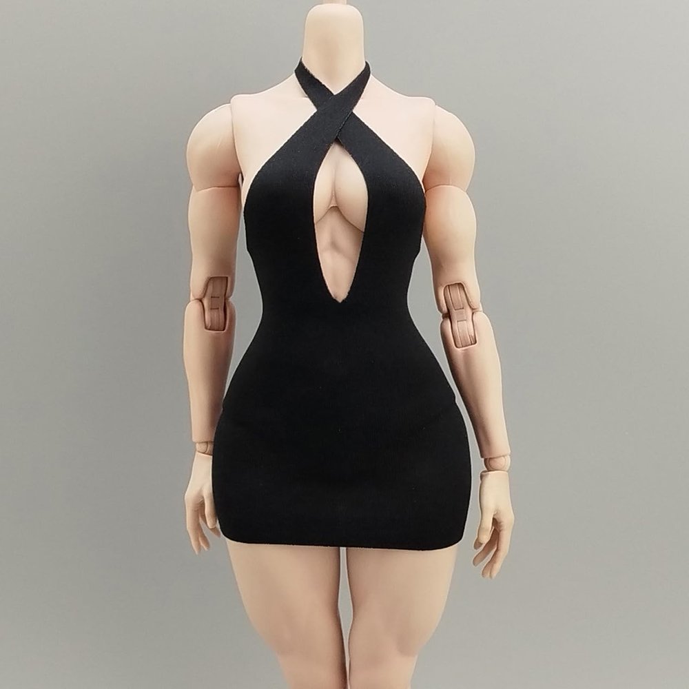 1/6 Scale Female Clothes, Cross-Strap Short Dress for 12-inches Action Figure Body, 1/6 Female Doll Costume Tight-Fitting Skintight Strappy Hip Bodycon Skirt Dress (Black)