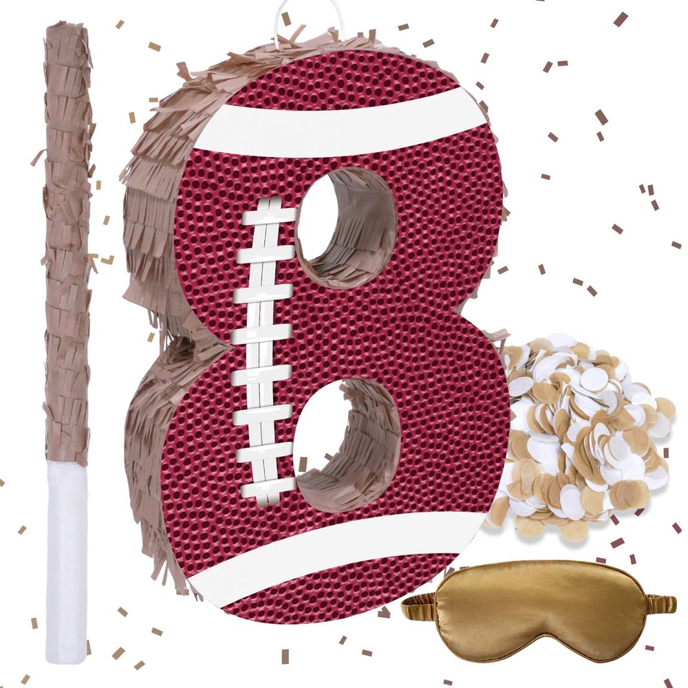 16Inch Football Number 8 Piata Includes Blindfold, Wooden Stick and Confetti for Game Day Tailgate Party Decorations - 15.8x 11x 2.76