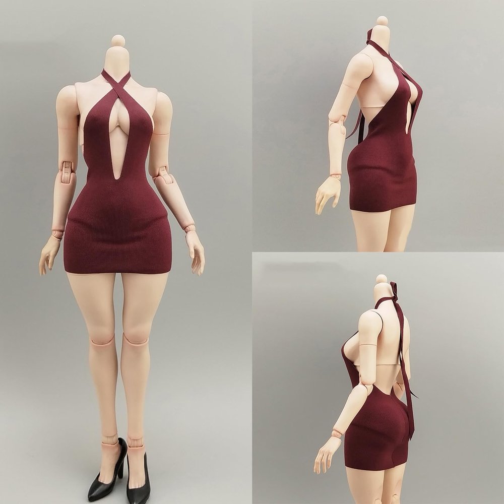 1/6 Scale Female Clothes, Cross-Strap Short Dress for 12-inches Action Figure Body, 1/6 Female Doll Costume Tight-Fitting Skintight Strappy Hip Bodycon Skirt Dress (red)