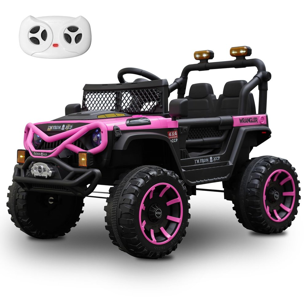 12V Kids' Electric Off-Road Ride-On Vehicle - Four-Wheel Suspension Off-Roader with 2.4G Remote Control, Dual Doors, Music, Cool LED Lights, for Boys & Girls (Rose Red)