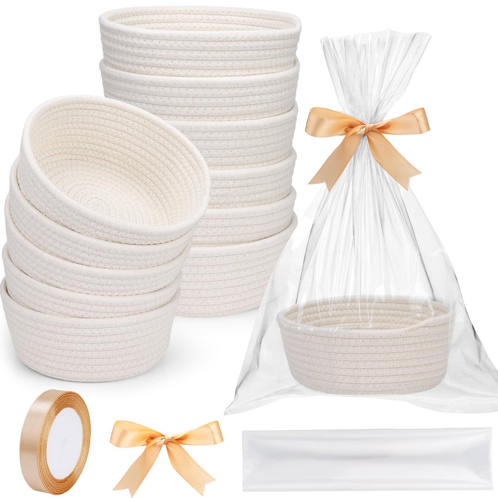 12 Pack Small Woven Storage Baskets with Gift Bag and Ribbon for Organizing Woven Natural Cotton Rope Bins Round Boho Empty Decorative Gift Chest Basket Box for Bathroom, Closet, Shelf Organizer (12)