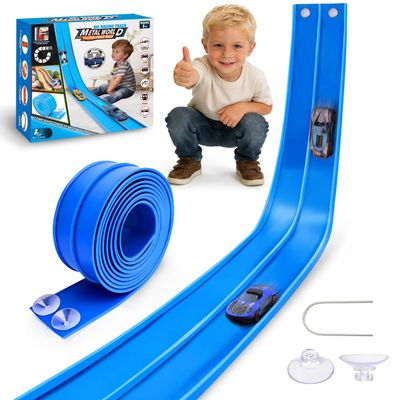 Flexible Race Track for Kids Age 3+, 15 Ft Blue Car Track with Suction Cup