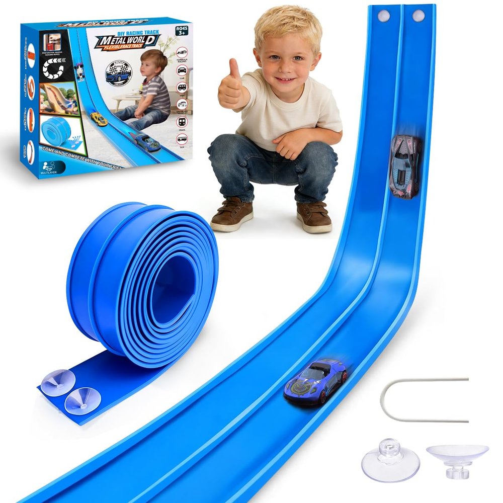 Flexible Race Track for Kids Age 3+, 15 Ft Blue Car Track with Suction Cup