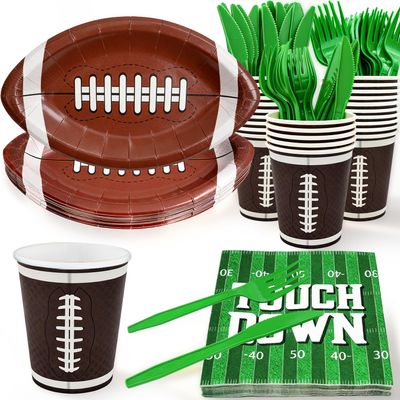 125PCS Back to School Tableware Set, Apple Notebook Pencil Paper Plates Yellow Paper Cups Napkins for First Day of School Supplies (Football Plates Set)