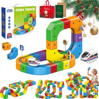 3D Stem Electric Train Set, Magnetic Train Track Set, Anti-Gravity 3D Infinity Track with Motorized Train and Traffic Signs, Train Modular Clip-Fit Tracks, Loop 360 (51Pcs+1Car)