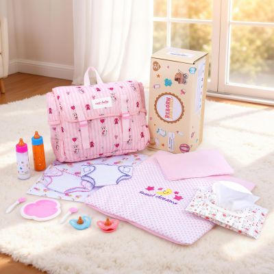 BABESIDE 14 Pcs Baby Doll Accessories Set for 12-15 Inch Babydolls - Baby Doll Diaper Bag Set with Dolls Bedding, Changing Pad & Babydoll Feeding Accessories for Kids Pretend Play Toys