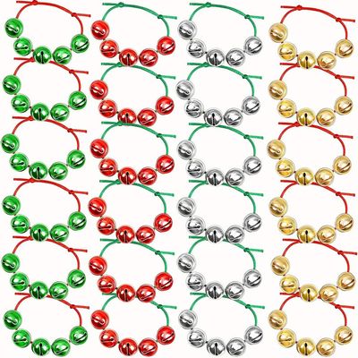 AUNHIRU 24 Pieces Assorted Colors Christmas Jingle Bell Bracelets Adjustable Christmas Bracelets with Metal Bells for Holiday Party Favors (Gold, Red, Green, Silver)