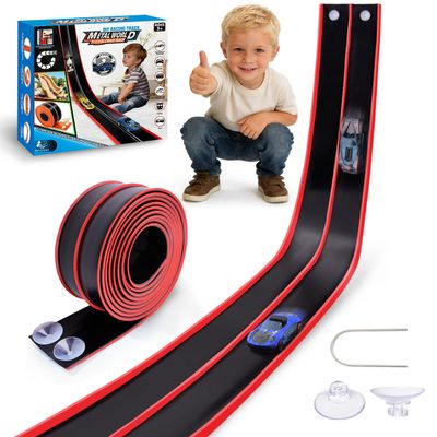 Flexible 15 Ft Race Track Starter Set for Kids Age 3+, Portable Car Track Playsets Compatible with Diecast 1/64th Cars, Long Kid Cars Ramp with Suction Cups, Rolls Up for Storage(Black)