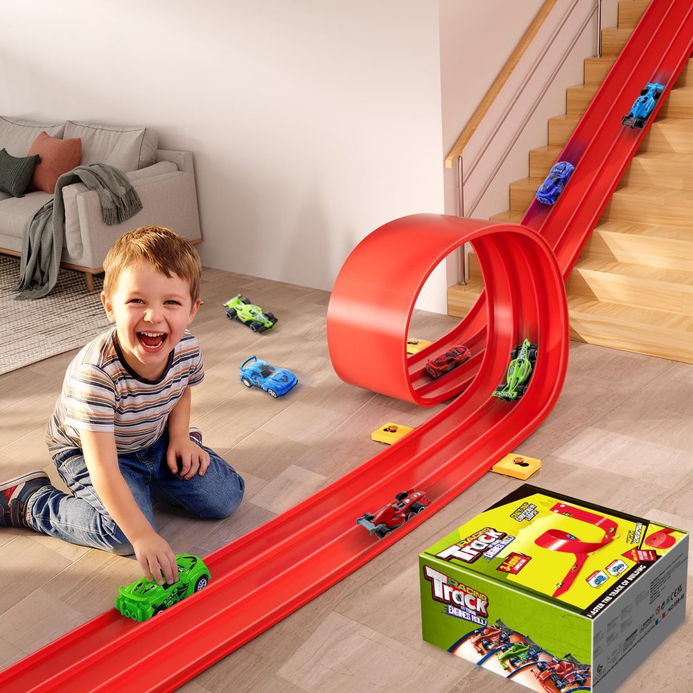 Zyllver 3-Lane Flexible Race Car Track for Kids - 16.4 Ft Race Track Toy with Strong Suction Cups, Roll-Up Portable DIY Racetrack Compatible with 1/64 Diecast Cars