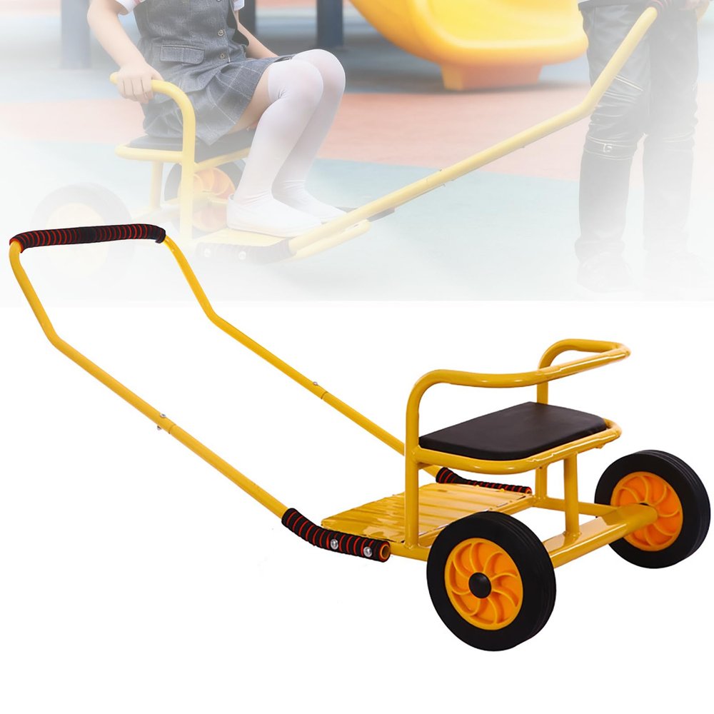 Yellow,Double Seated Kids Pull Wagon, Outdoor Play Cart for Two Children with 220LBS Capacity, Soft Padded Seat for Kindergarten & Backyard Fun