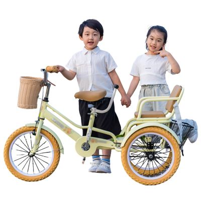 JYDQMOLS Carrying Passengers 3 Wheel Cruiser Bike with Non Slip Footrest/Storage Basket, Modern Twin Tricycle for Toddlers/Boy/Girl/Double People, High Carbon Steel Safety Bicycle Trikes(Yellow,14")