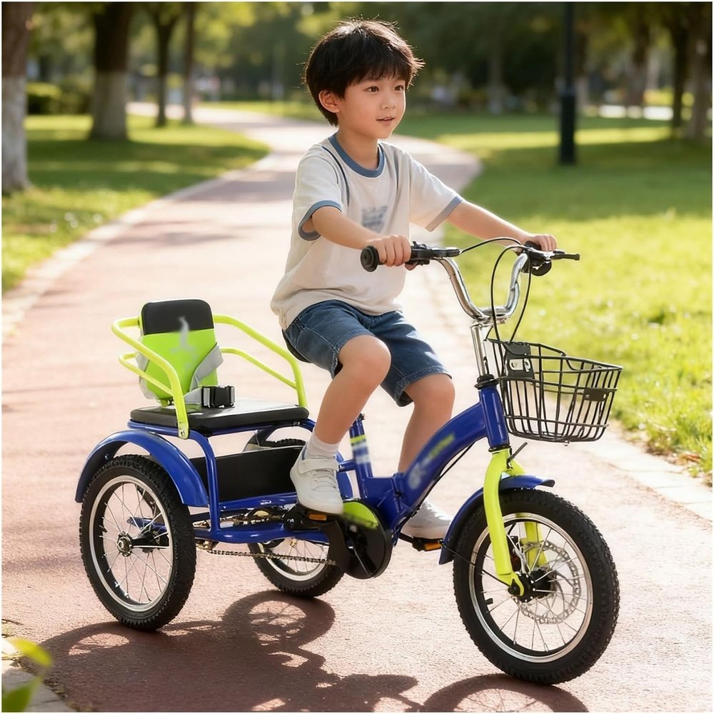 JYDQMOLS Double Twins Three Wheel Cruiser Bike to Carry Kid, 14in 16in 18in 20in Foldable 3 Wheel Bicycle with Child Seat, Adjustable Height Two Seater Tricycle Carbon Steel(Blue,14")