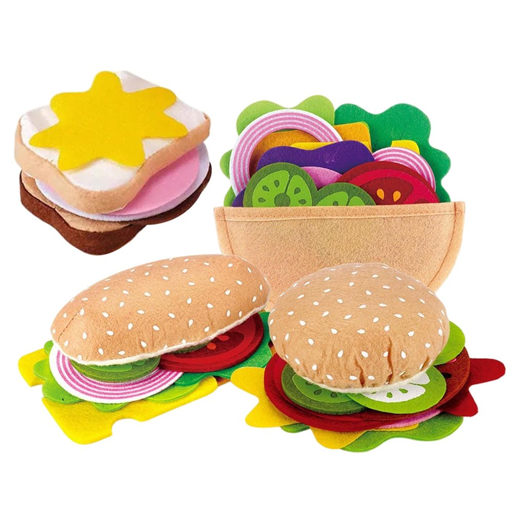 28PCS/Set Felt Play Food Hamburger Sandwich Stacking Toy with Beef Steak Vegetables Pretend Play Food