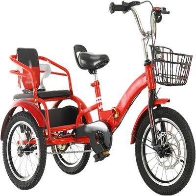 JYDQMOLS Double Twins Three Wheel Cruiser Bike to Carry Kid, 14in 16in 18in 20in Foldable 3 Wheel Bicycle with Child Seat, Adjustable Height Two Seater Tricycle Carbon Steel(Red,14")