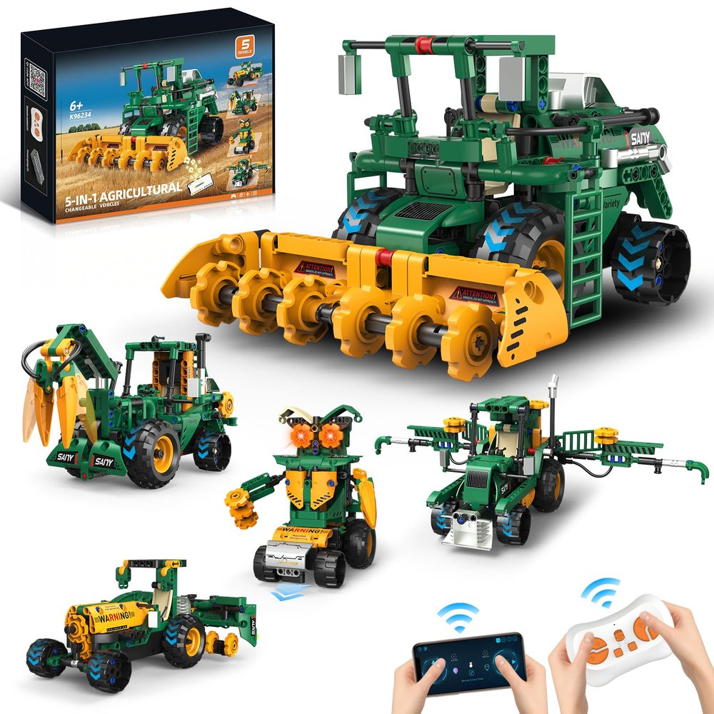 5 in 1 STEM Robot Toys Building Kits for Kids Ages 6-14, App & Remote Control STEM Harvester/Plowing Cart/Water Truck Robot Building Set, Programmable Transformers RC Robotics Gifts for Kids Boys