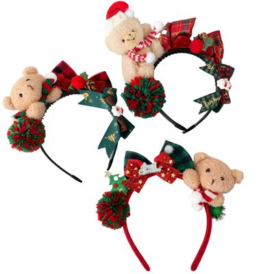 LTLYLGEGE Christmas Bear Headband for Kids Adults Cute Plush Teddy Bear Headband with Bows Decorations Holiday Hair Accessory (3)
