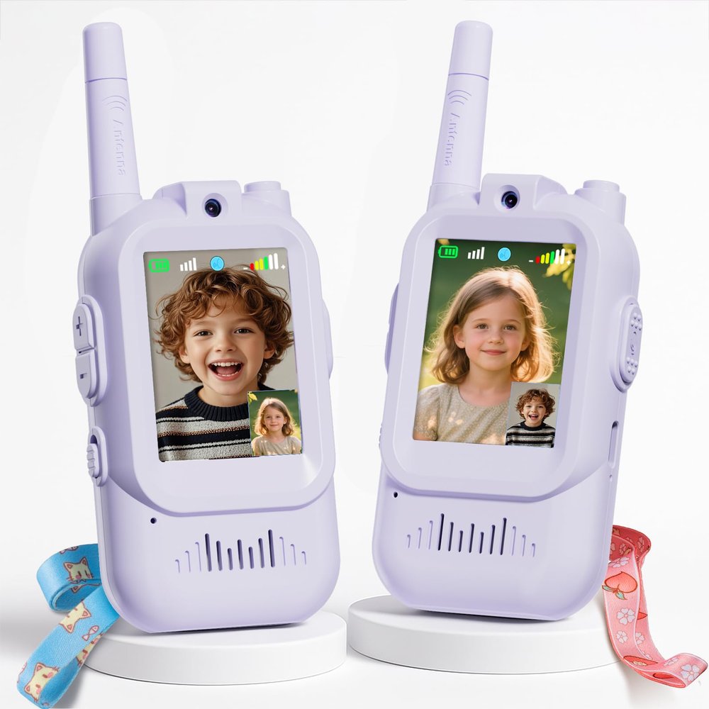 Walkie Talkie for Kids with Video: 2 Pack Rechargeable Toddler Toys with HD Camera & Voice Changer, Long Range Gift Toys for Boy & Girl Age 3-8 for Outdoor Play, Camping (Purple-Purple)