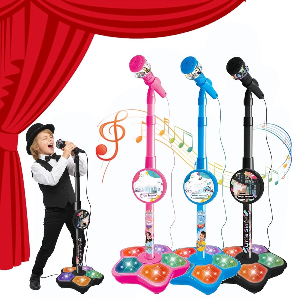 All-in-One Microphone Toy, Upgraded Kids Karaoke Machine with Adjustable Stand, Colorful Lights, and Echo Effect, with Mobile Phones, for Christmas and Birthday (3PCS)
