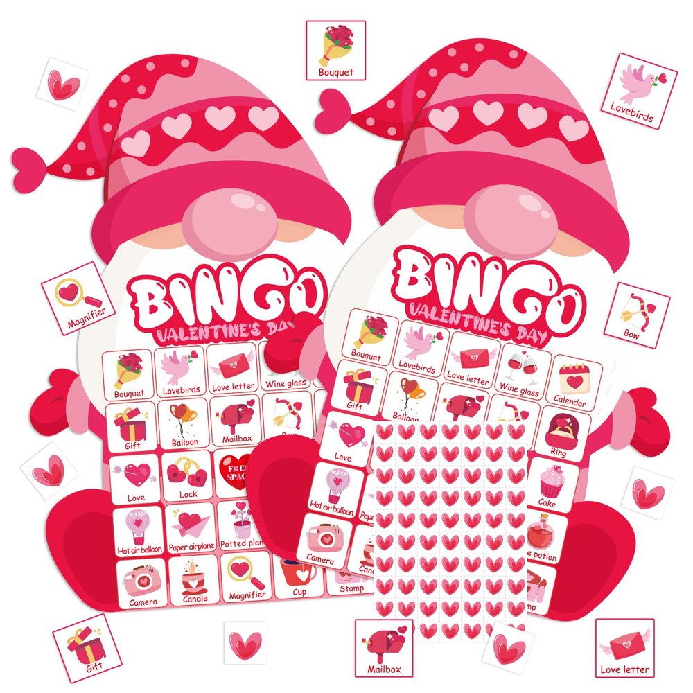 YQUQWN Valentines Day Bingo Game 24 Player Valentine Gnome Bingo Cards for Adults Activities Galentines Day Party Supplies Valentine Crafts
