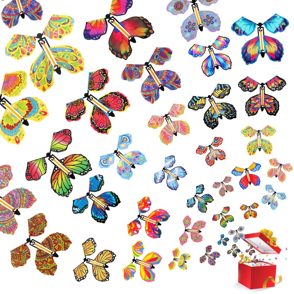 100 Pcs Magic Flying Butterfly Toys, Wind Up Paper Butterfly for Suprise Box Fairy Flying Butterflies Cards for Centerpieces Bookmark Card Suprise Gift Wedding Birthday Party Decoration 5 Styles