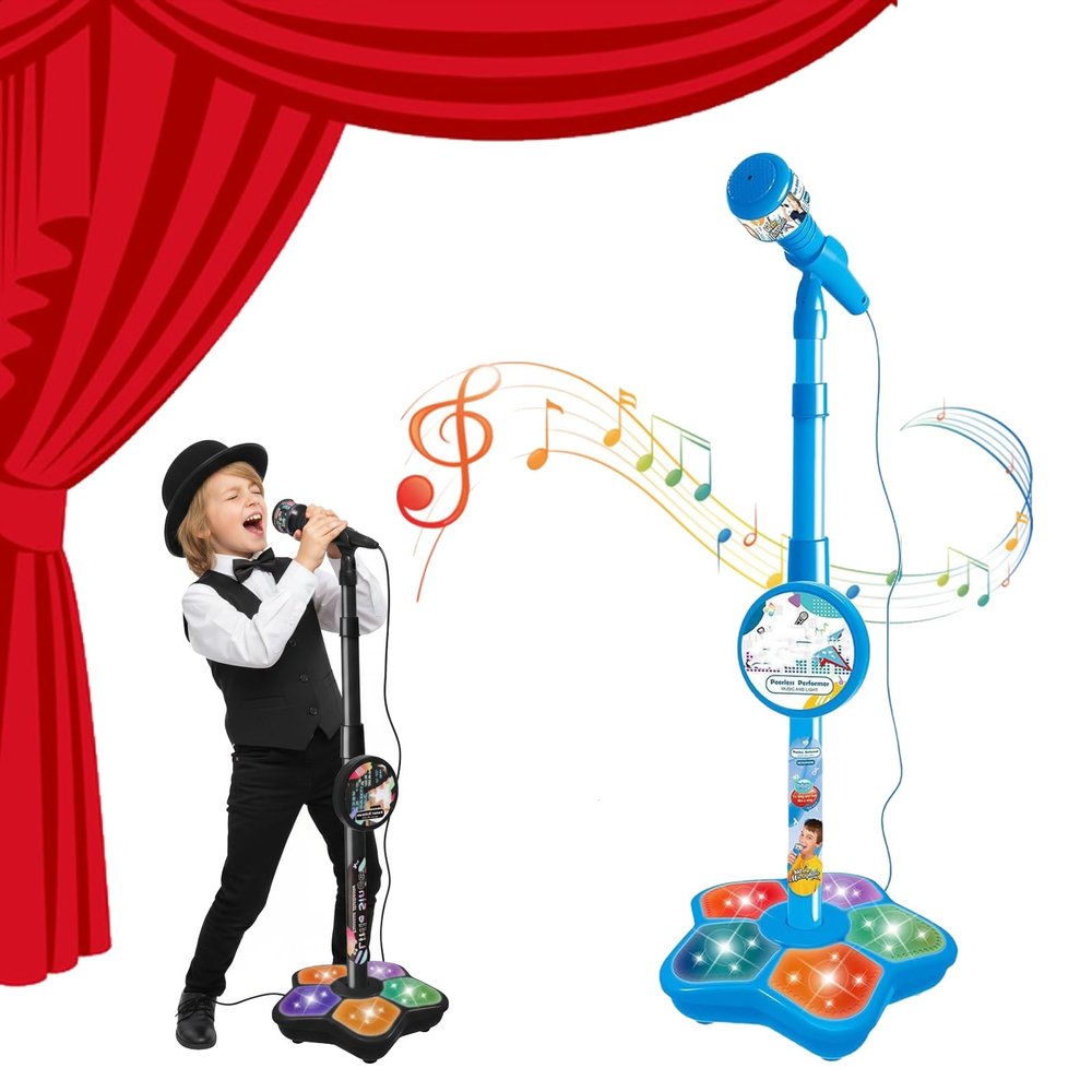All-in-One Microphone Toy, Upgraded Kids Karaoke Machine with Adjustable Stand, Colorful Lights, and Echo Effect, with Mobile Phones, for Christmas and Birthday (Blue)