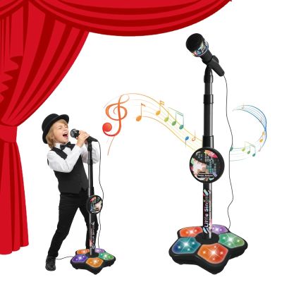 All-in-One Microphone Toy, Upgraded Kids Karaoke Machine with Adjustable Stand, Colorful Lights, and Echo Effect, with Mobile Phones, for Christmas and Birthday (Black)