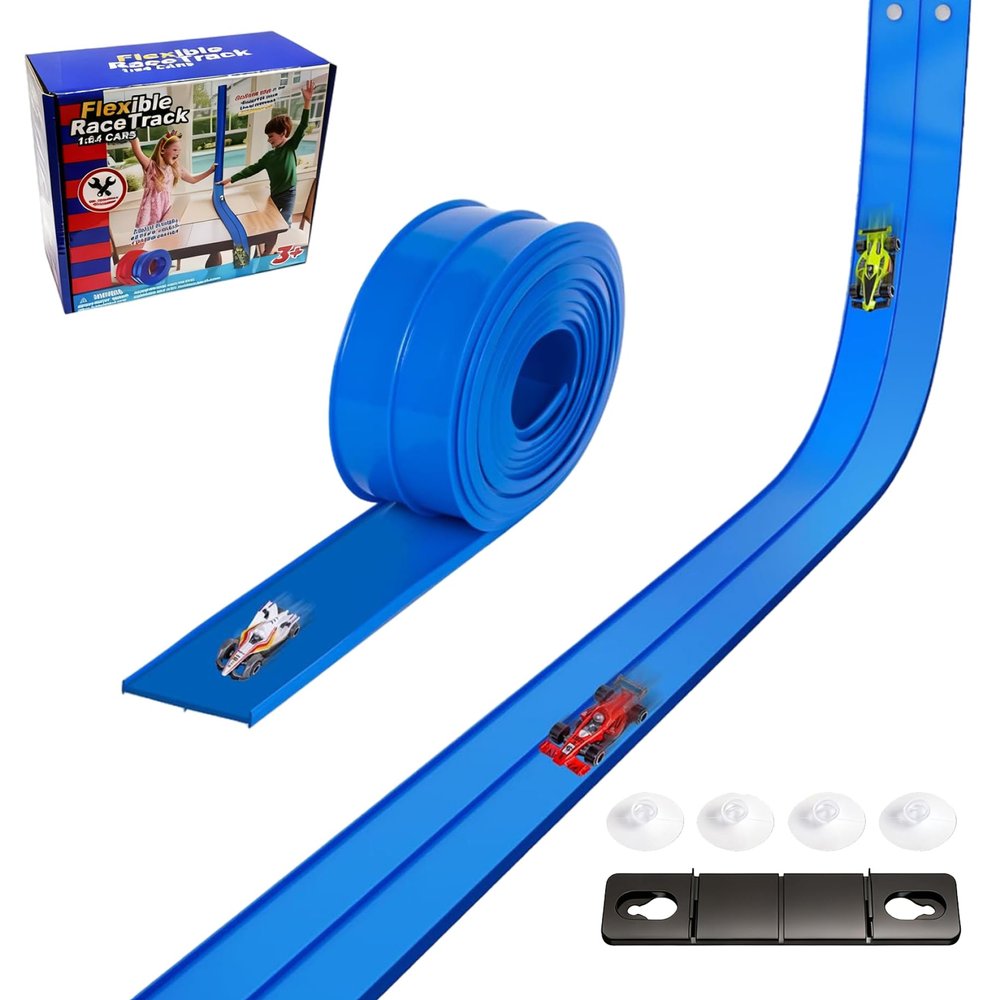 Flexible Race Track for Kids 15ft Portable Roll up Flex Track Race Cars with Suction Cups & Dual Orbits DIY Play Fun for Boys Girls Indoor Outdoor, Blue