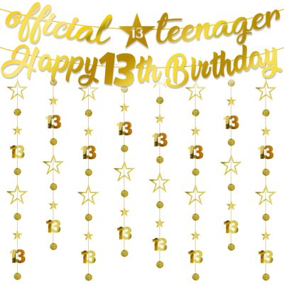 13th Birthday Decorations Banner Girls - 10 Pcs Pre-Strung Gold Glitter Official Teenager Banner Garland Hanging Streamer Bunting for Boys 13 Years Old Party Decor