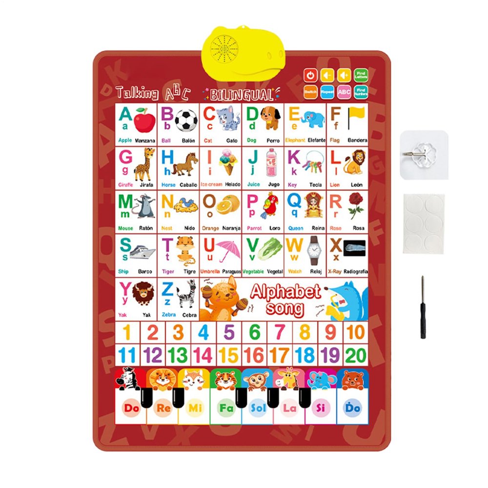 Alphabet Wall Chart - 24in Bilingual Learning Poster Talking Piano Buttons Early Education Toy for , Preschoolers with Interactive Music, Kids Learning Chart for Classroom Home, Multicolor PVC